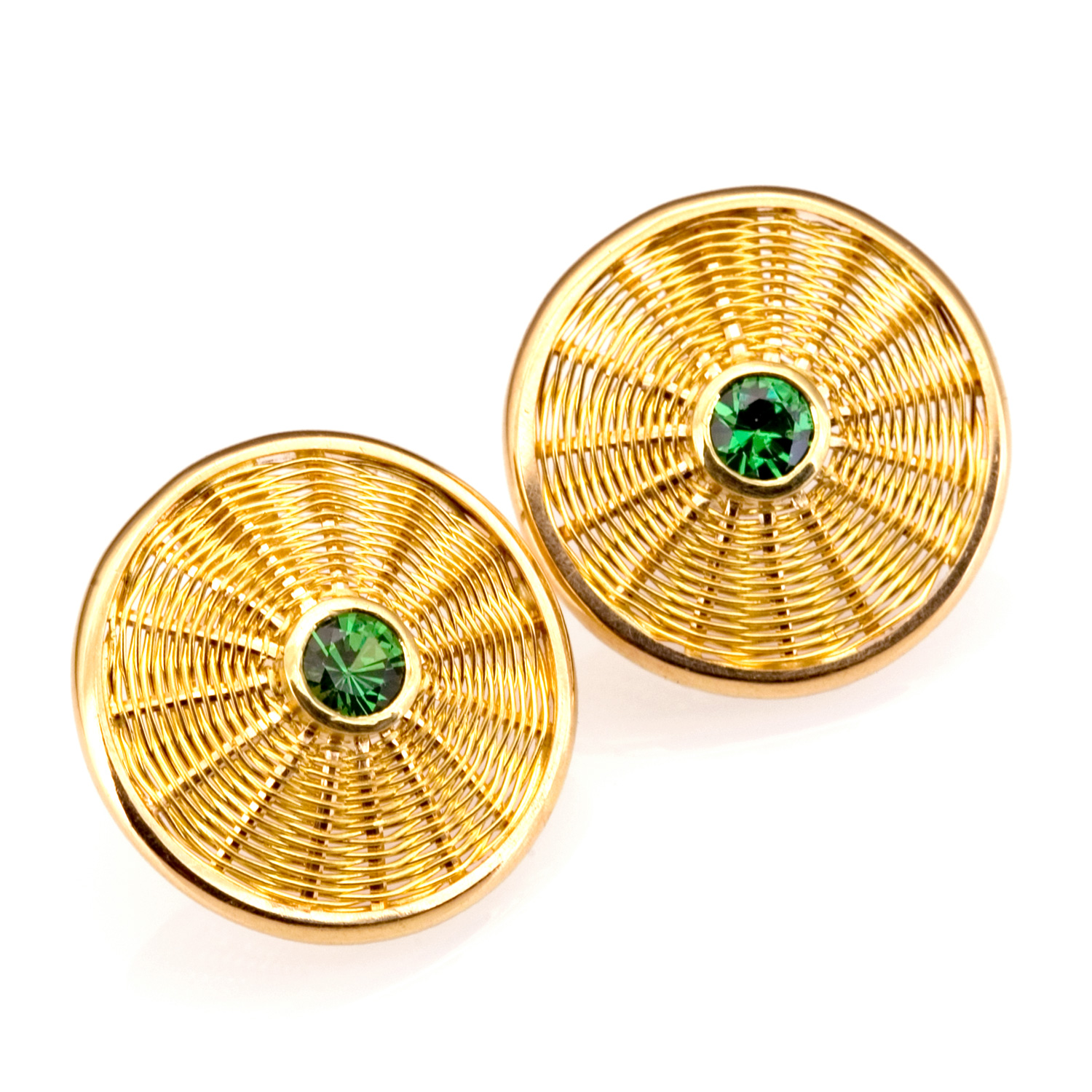 Sunburst Weave Earrings in 18k gold with tsavorite by Tamberlaine