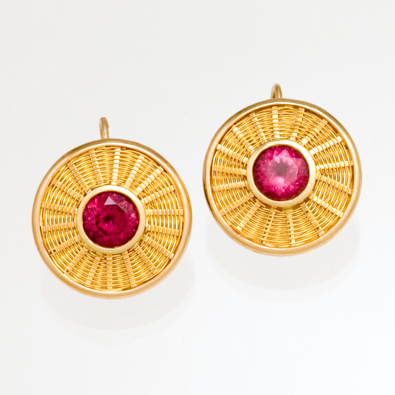 Sunburst Weave Earrings in 18k & 22k gold with rubellite tourmaline by Tamberlaine