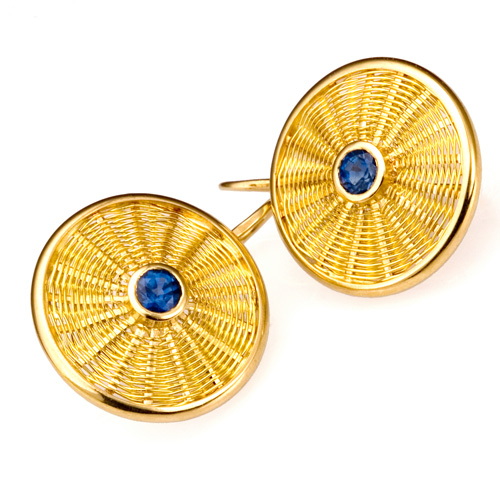 Sunburst Weave Earrings in 18k gold with blue sapphire by Tamberlaine