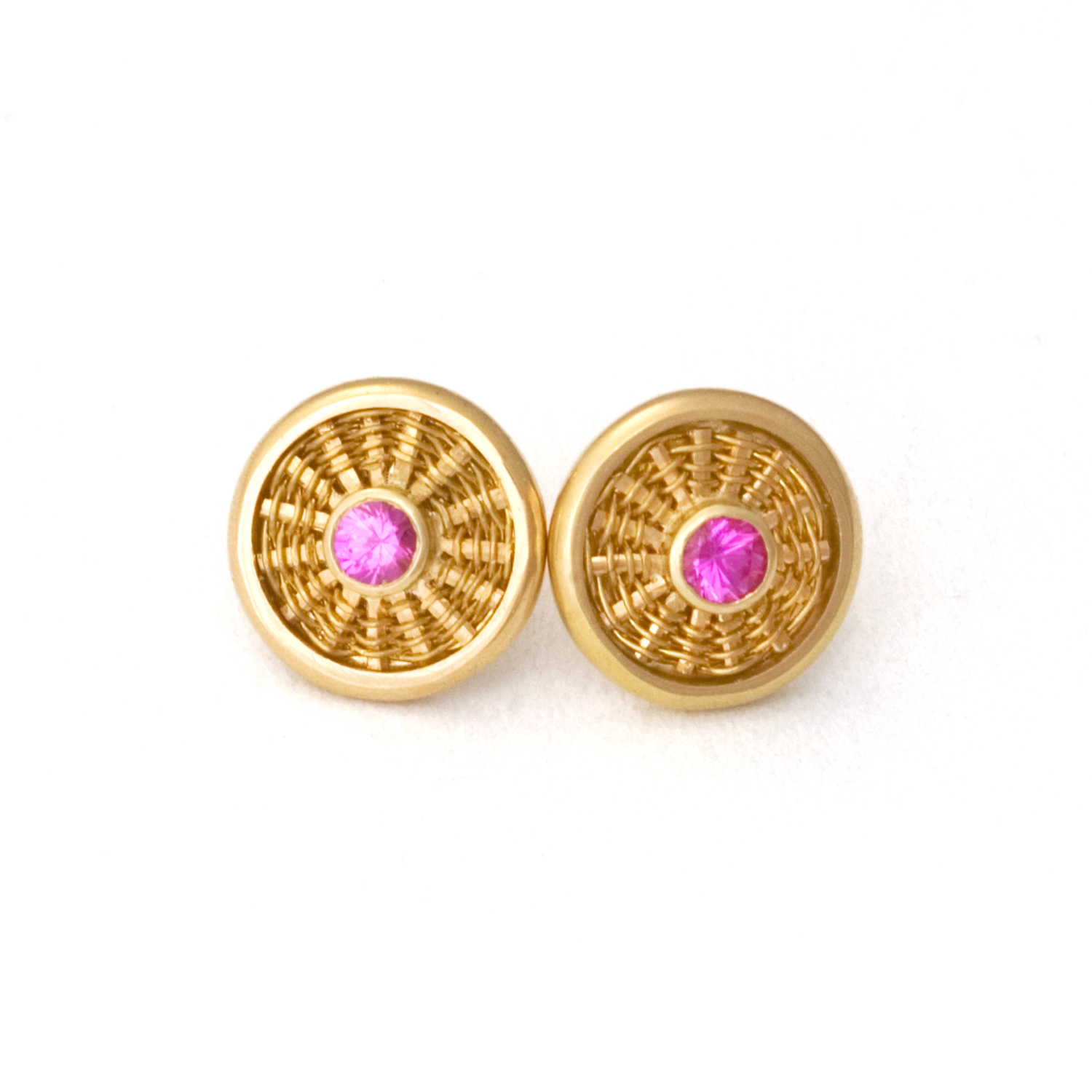 Sunburst Weave Stud Earrings in 18k gold with pink sapphire by Tamberlaine