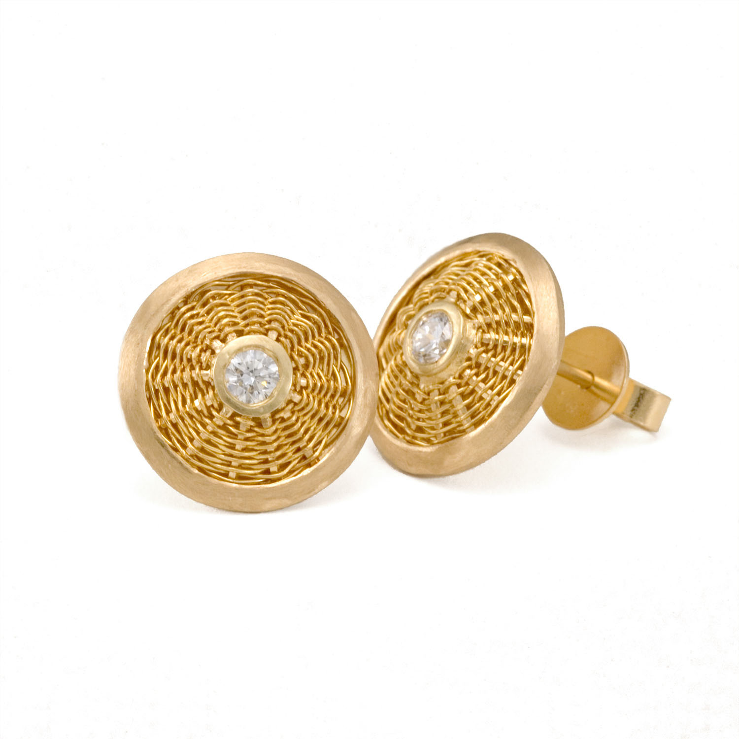 Sunburst Weave Stud Earrings in 18k & 22k gold with blue sapphires by Tamberlaine