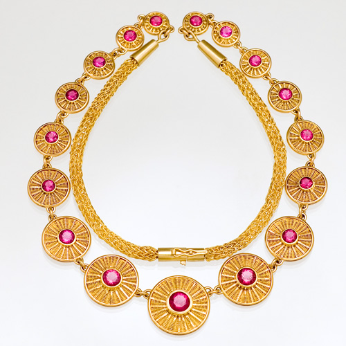 Rubellite Tourmaline Necklace hand woven in 18k & 22k gold