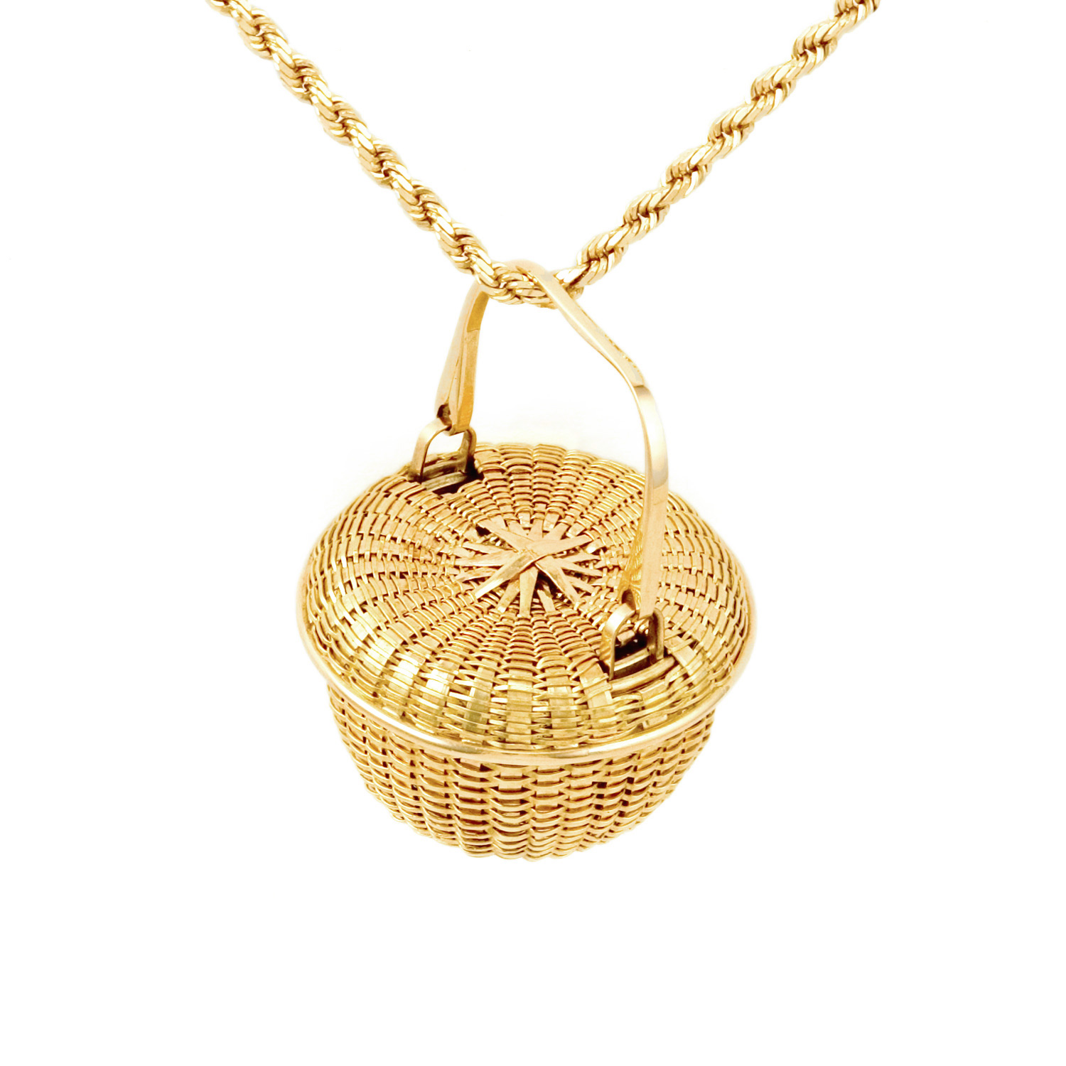Covered Swing Handle Basket Pendant in 18k & 22k gold by Tamberlaine