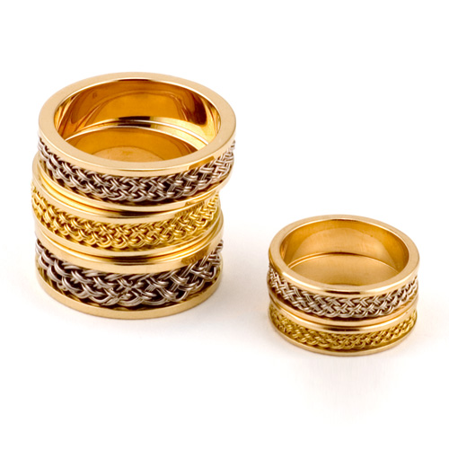 Rings with Inset Weave in 18k & 22k yellow gold; 18k palladium white gold