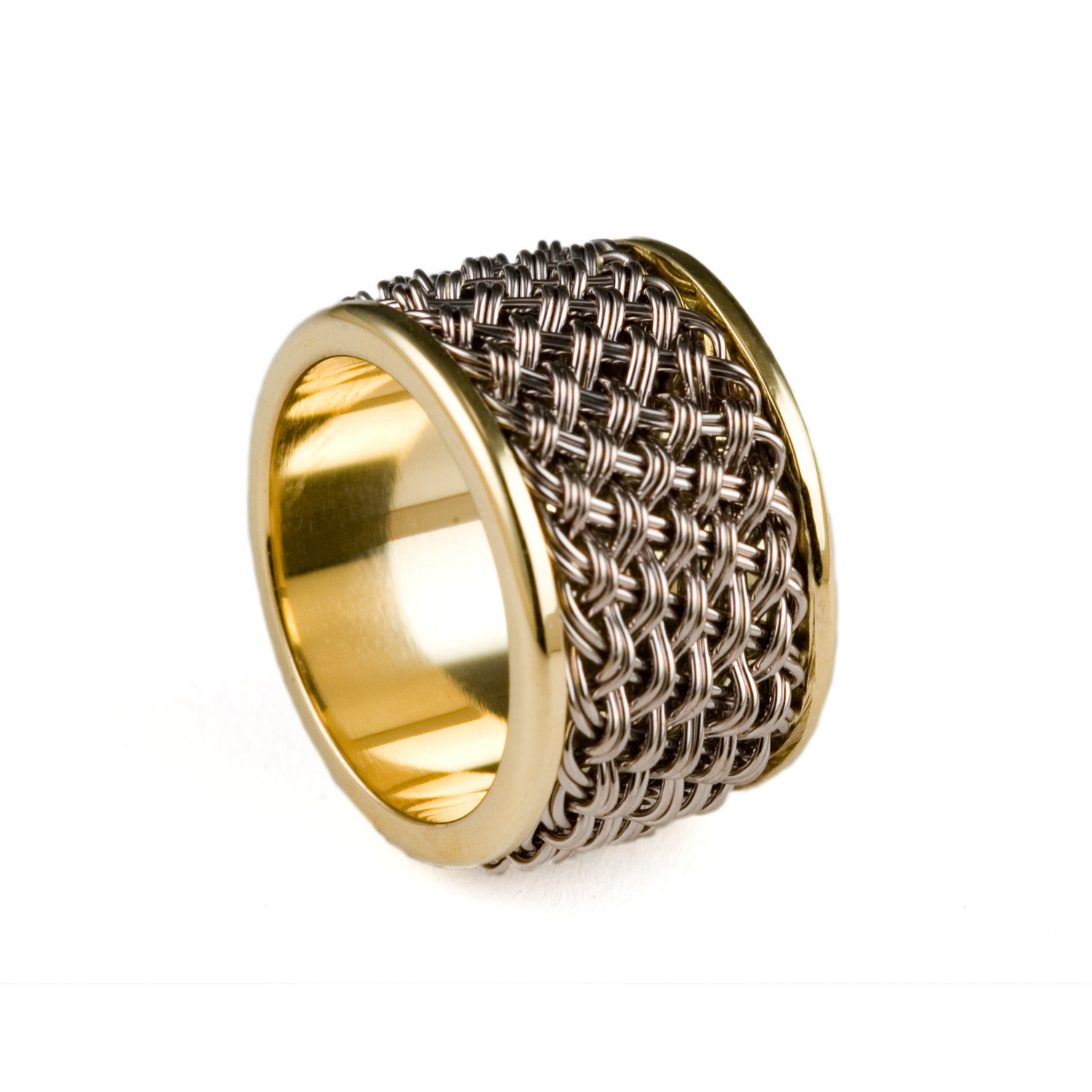 Inset Weave Ring 14mm 18k white & yellow gold by Tamberlaine