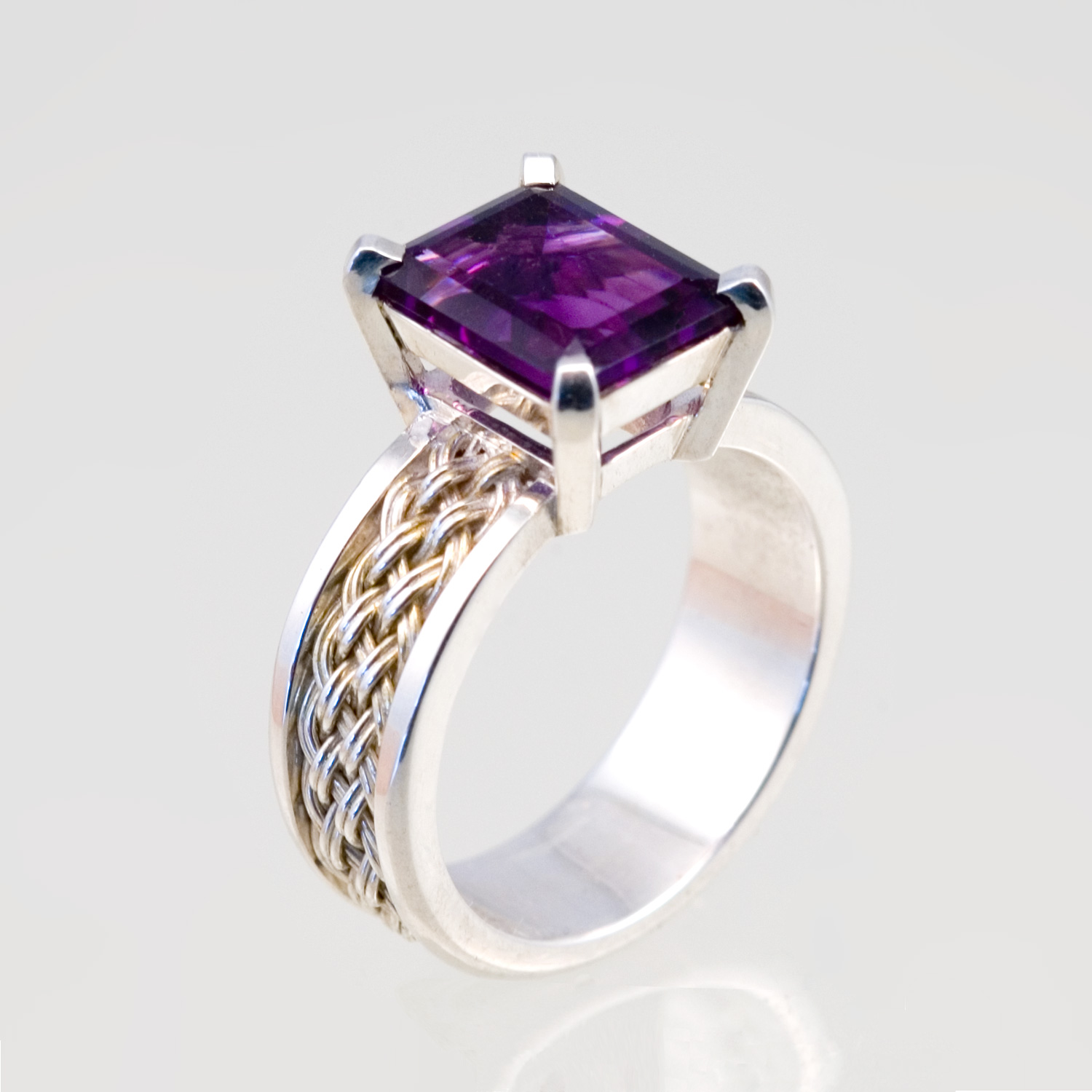 Emerald Cut Amethyst Ring in sterling silver with inset weave by Tamberlaine