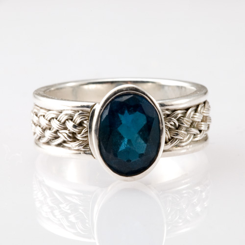 Oval Blue Topaz Inset Weave Ring in silver by Tamberlaine